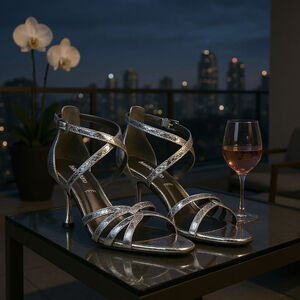 Franco Sarto Silver Snake Print Almond Toe Kitten Sandals Heels SZ 8.5 M